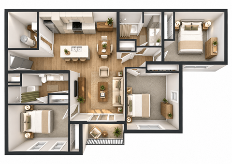 Floor plan for 3 beds, 2 baths, 1289 sqft